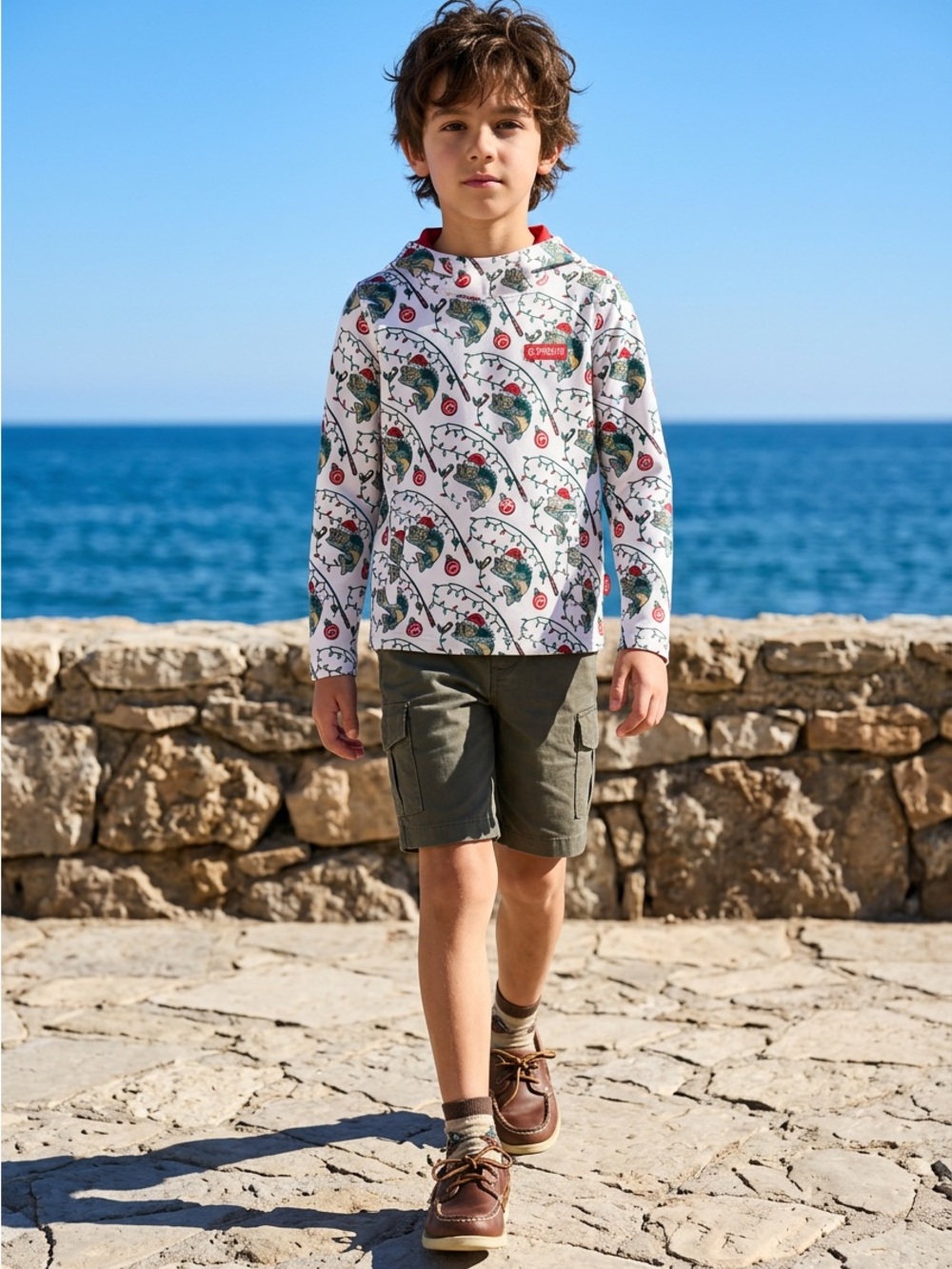 Magellan Outdoors Boys XS Gish Gear Holiday Catch Fleece Hoodie White AOP NWT